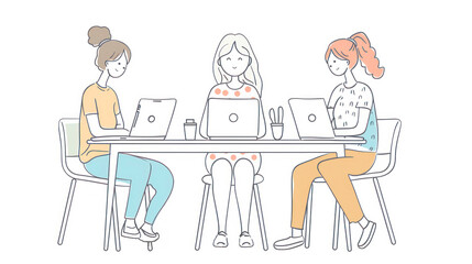 Simple liner icon illustration of women sitting at a table and working on laptops