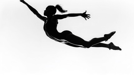 A mesmerizing silhouette of a gymnast captured mid-jump, their agility showcased against a background of pristine white.