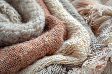 Fototapeta na wymiar Assorted Woolen Blankets and Knitwear in Warm Earthy and Cool Tones. Collection of Natural Wool Textiles