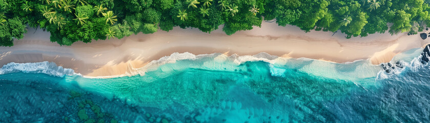The aerial view landscape of a Tropical Summer palm beach and sandy beach and turquoise ocean with...