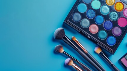 Makeup eyeshadow palette with vibrant colors and professional brushes on a blue background. Flat lay composition with copy space. Beauty and cosmetics concept