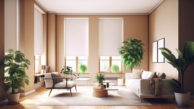Interior of modern living room with white walls, wooden floor, orange sofa and coffee table