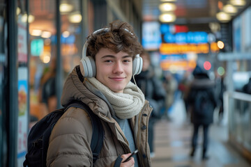Fototapeta premium Young Man Wearing Headphones Standing on Sidewalk