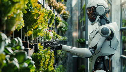 A robot taking care of a vertical green garden at a futuristic farm