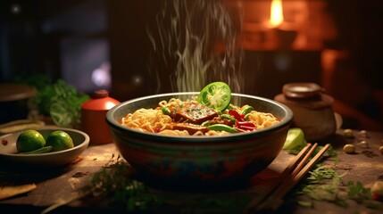 Noodles with meat and vegetables in a plate on a wooden table
