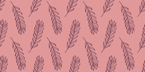 Pattern of contour fern leaf on a pink background. Seamless linear tropical exotic botany print. Hand-drawn summer Plant. Nature, herb. Color monochrome image. Simple doodle style. Vector illustration