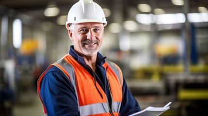 A man wearing a hard hat and safety vest is smiling and holding a tablet