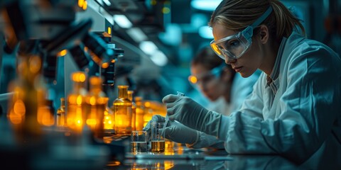 In the science laboratory, a female scientist conducts chemistry and biology experiments with advanced equipment.