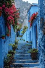In the vibrant streets, traditional blue-hued houses and colorful doors evoke the rich cultural heritage of North Africa. - obrazy, fototapety, plakaty