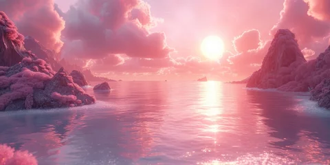 Papier Peint photo autocollant Rose  As the sun dips below the horizon, the sky and sea merge in a breathtaking display of pink and gold, creating a serene and colorful sunset scene over the water.