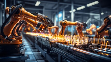 A factory with robots working on a conveyor belt - obrazy, fototapety, plakaty