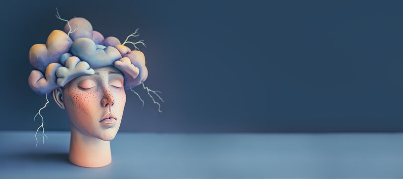 Head in stormy thunder clouds. Dealing with difficult emotions concept. Banner with copy space.