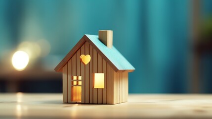 Wooden toy house with heart shape on the table in the room