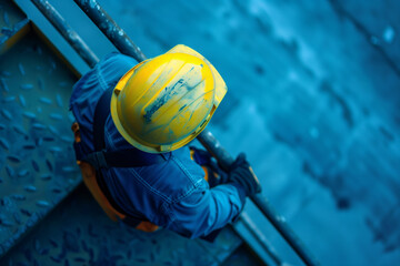 Factory worker in yellow safety helmet and blue collars - 