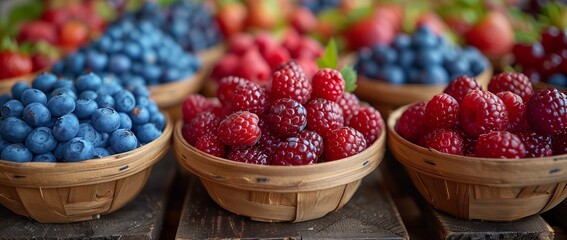 A variety of berries, a natural food ingredient, in the baskets