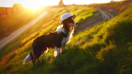 In the spirit of World Safety Day, a border collie exudes elegance and readiness, wearing a sleek, white safety helmet. - obrazy, fototapety, plakaty