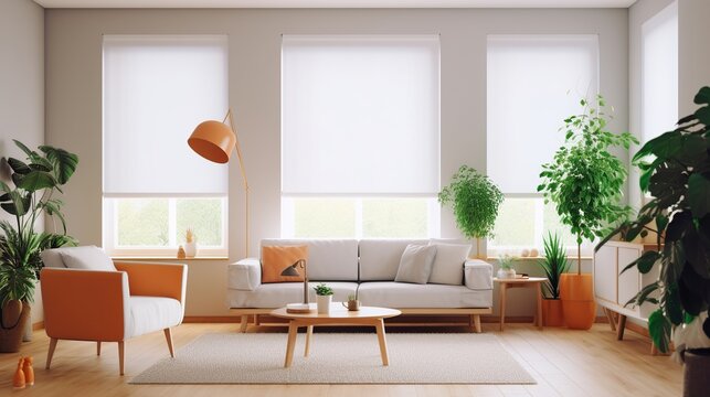Interior of modern living room with white walls, wooden floor, orange sofa and coffee table