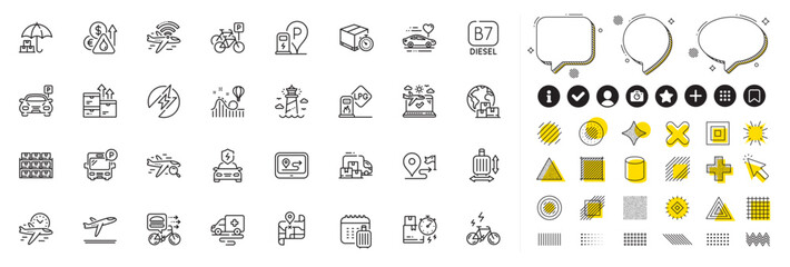Set of Bicycle parking, Delivery truck and Gps line icons for web app. Design elements, Social media icons. Ambulance transport, Lighthouse, Map icons. Vector