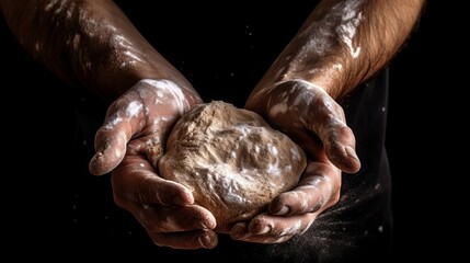 Hands of a man kneading dough on a black background