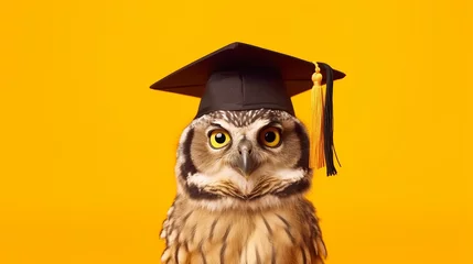 Foto op Plexiglas Owl with graduation cap on yellow background. Education concept. Copy space. © danang