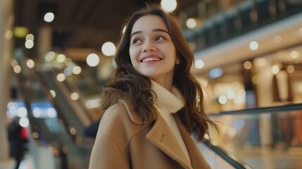 Happy smiling young woman with long hair wearing a beige coat on blurred background of shopping center