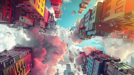 Surreal urban scene with buildings and clouds, perspective manipulation concept. Creative cityscape art for wallpaper and poster design