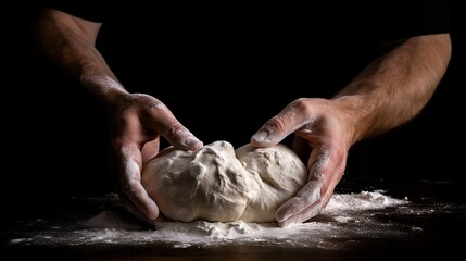 Hands of a man kneading dough on a black background - obrazy, fototapety, plakaty