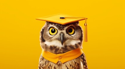 Owl with graduation cap on yellow background. Education concept. Copy space.
