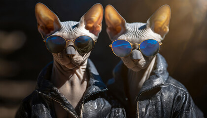 Two sphynx cats wearing sunglasses and jackets