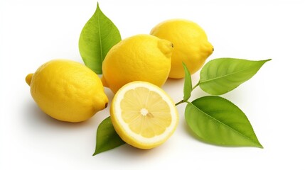 Lemons with green leaves on a white background. Isolated