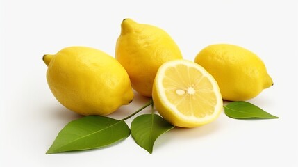 Lemons with green leaves on a white background. Isolated