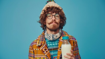 Man with glasses and colorful winter attire holding a milk bottle on blue background for design and print. Studio portrait with copy space