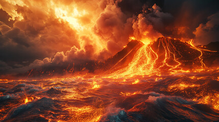 Fantasy Worlds. Volcanic Realm. A realm dominated by volcanoes and lava - obrazy, fototapety, plakaty