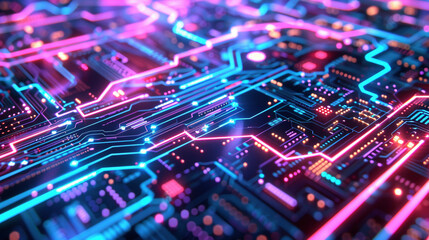 Abstract Futuristic Circuit Board with Neon Lights
