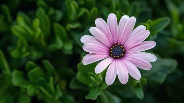 Pink daisy on a green leafy background. Close-up botanical photography. Nature and spring concept. Macro shot with copy space for design and print