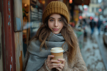 Young Woman Enjoying Hot Drink on Winter Day in City
