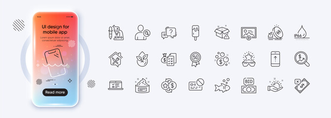 Skin cream, Web lectures and Waterproof line icons for web app. Phone mockup gradient screen. Pack of Launder money, Question mark, Fish pictogram icons. Vector