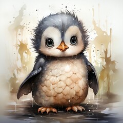 Cute penguin with watercolor effect, 2d illustration