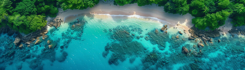 The aerial view landscape of a Tropical Summer beach and turquoise ocean with waves banner...