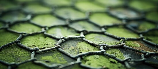 A detailed view of a chain link fence adorned with green moss and lichen growth, creating a natural and textured pattern - obrazy, fototapety, plakaty