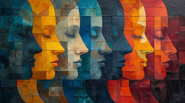 An artistic mosaic features a progression of side profiles in various hues, symbolizing diversity and complexity within a unified structure.