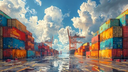 a port crane unloads containers from a container ship on a sunny day with a blue sky - obrazy, fototapety, plakaty