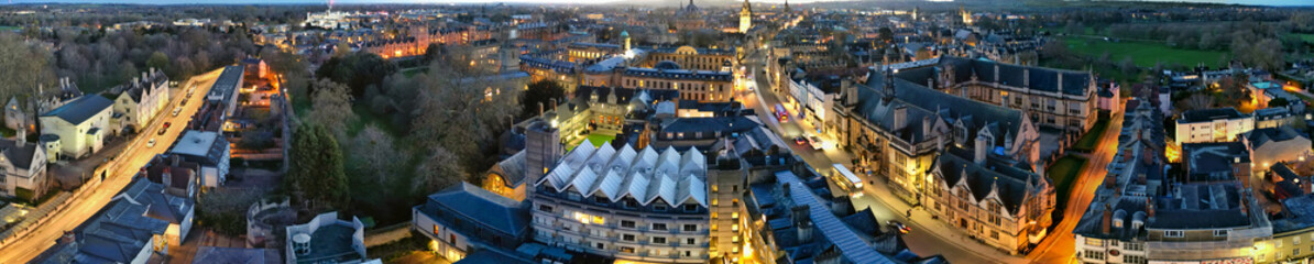 High Angle Panoramic View of Illuminated Historical Oxford Central City of England at Night....