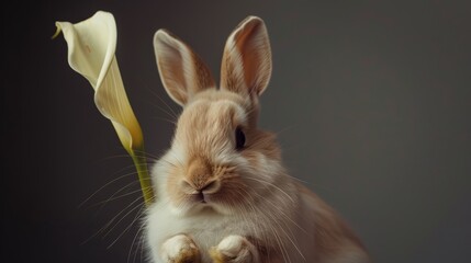 Fawn-colored rabbit with a white calla lily on a dark background. Pet portrait and elegance concept for design and print - obrazy, fototapety, plakaty