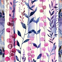 Purple watercolor design of seamless repeating background pattern with vertical lines and plant illustrations