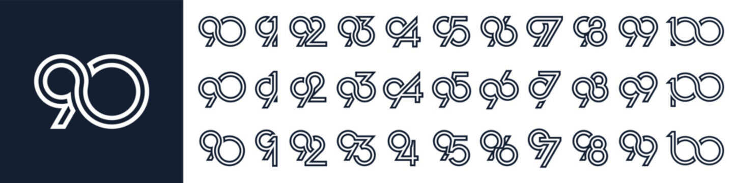 collection of creative number 90 to 100 logo designs. abstract number design vector illustration