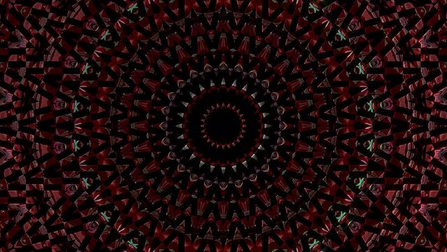 Abstract Kaleidoscope pattern with full colors. Magic mandala. 4k of smooth lines waves glittering light effect on round shape in center, black background