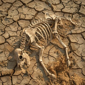 Died of thirst cow skeleton on brown briddle soil earth crust