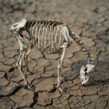 Illustration of cow skeleton standing upright on cracked briddle drie mud soil
