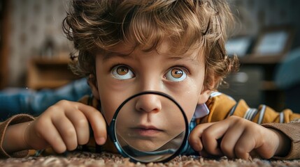 A curious child exploring the wonders of science through a magnifying glass, eyes wide with wonder.